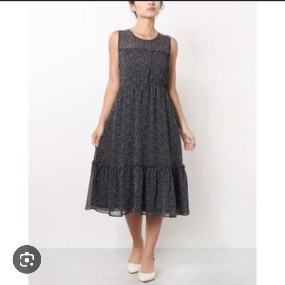 Nicole Miller Ruffle Black Midi Dress 12 Sheer Neckline Flowy Boho Classic